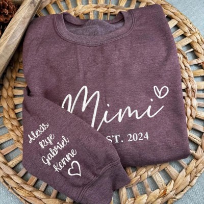 Custom Mimi Embroidered Sweatshirt Hoodie with Kids Names On Sleeve Mother's Day Gift