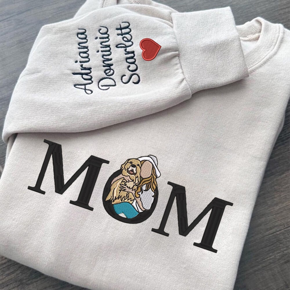 Mom Embroidered Photo Portrait Sweatshirt with Kids Names on Sleeve Custom Gifts for Mom New Mom Gift Mother's Day Gift 