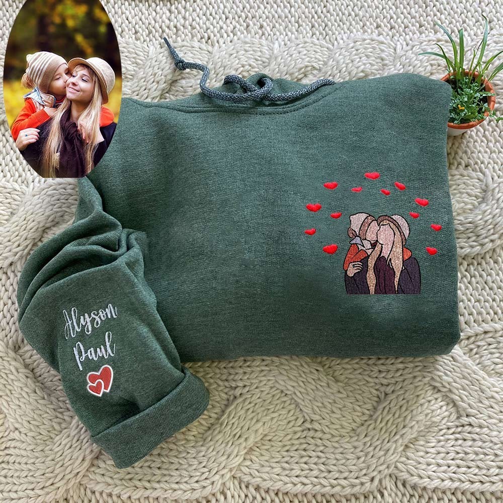 Custom Embroidered Mom Portrait Photo Sweatshirt with Kids Names on Sleeve Unique Gifts for Mom New Mom Gift Mother's Day Gift