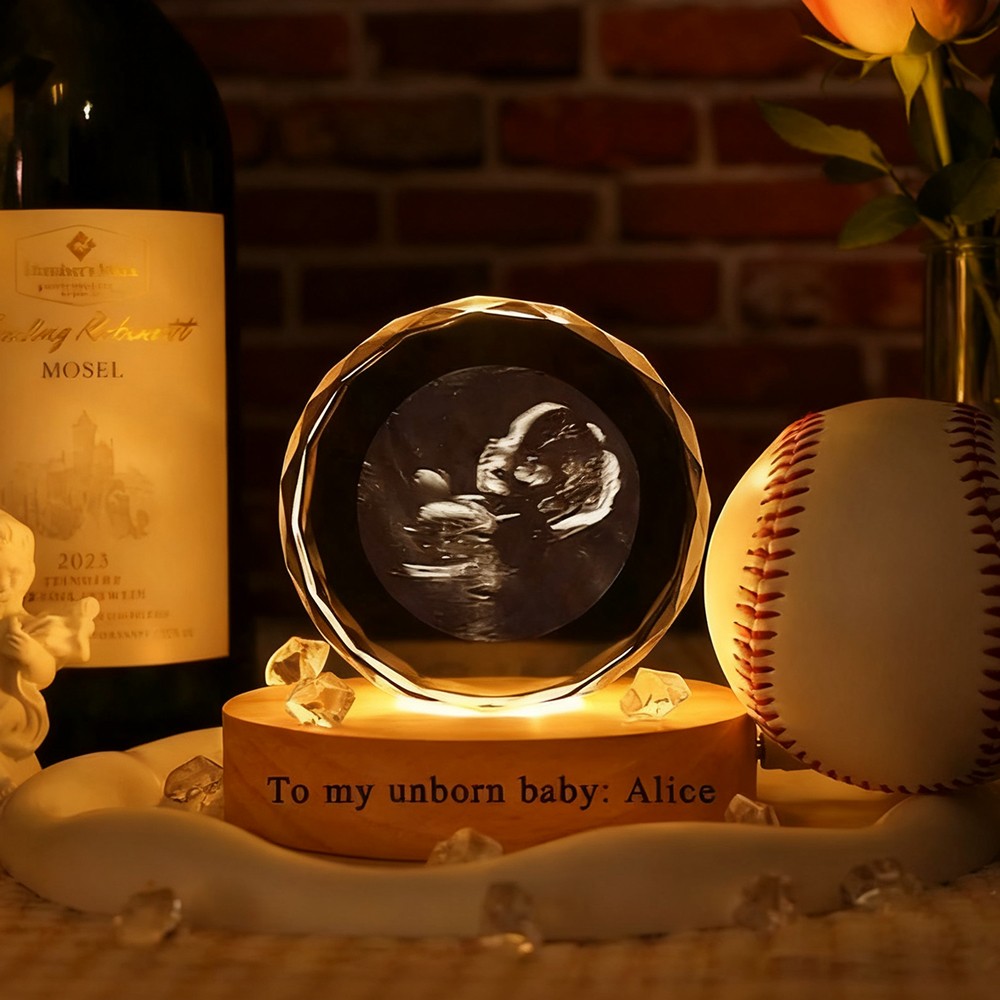 Personalized Round 3D Crystal Baby Ultrasound Photo Portrait Night Light with Base New Mom Gift Christmas Gifts