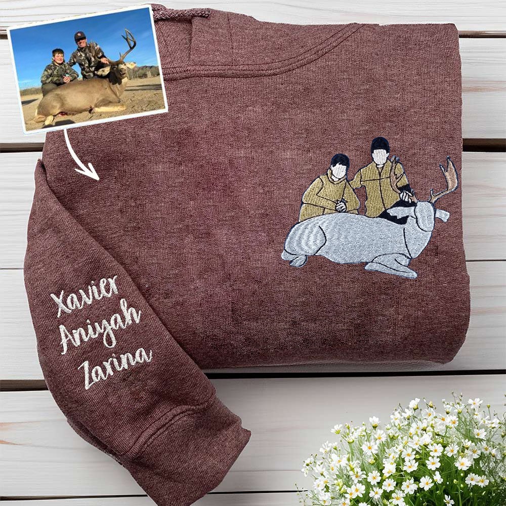 Dad Embroidered Photo Portrait Sweatshirt with Kids Names on Sleeve Custom Gift for Dad Father's Day Gift