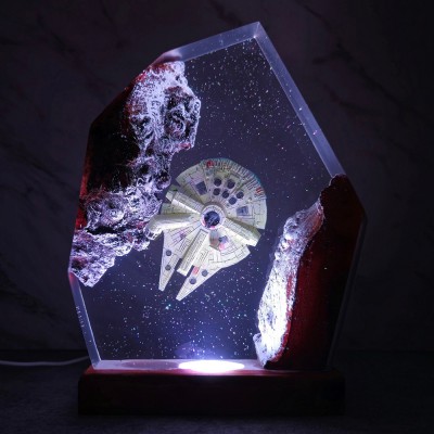 Weltraum-Galaxie-Nachtlicht aus Kunstharz und Holz, interstellare Epoxidlampe