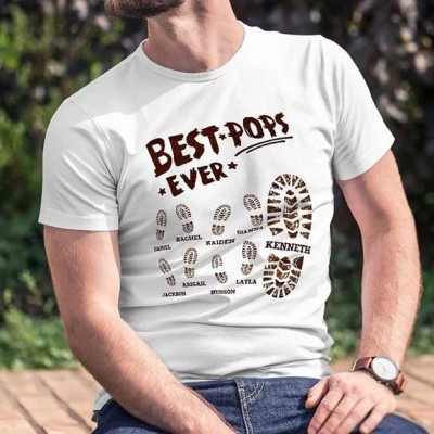 Personalized Best Pops Papa Ever Big and Small Footprints T-shirt Sweatshirt Hoodie with Kids Names Father's Day Gift for Dad Grandpa