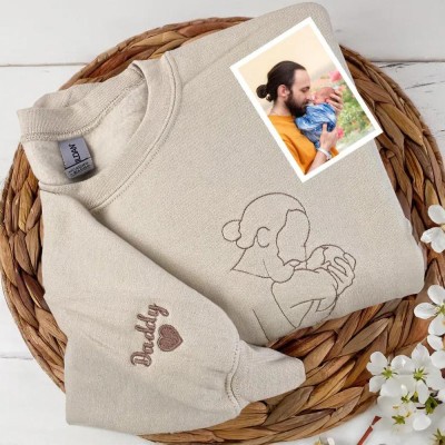 Dad Embroidered Photo Portrait Sweatshirt with Kids Names on Sleeve Custom Gift for Dad Father's Day Gift