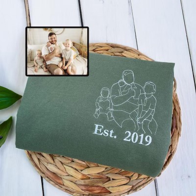 Personalized Dad Embroidered Photo Portrait Sweatshirt with Kids Names on Sleeve Unique Gifts for Dad Father's Day Gift