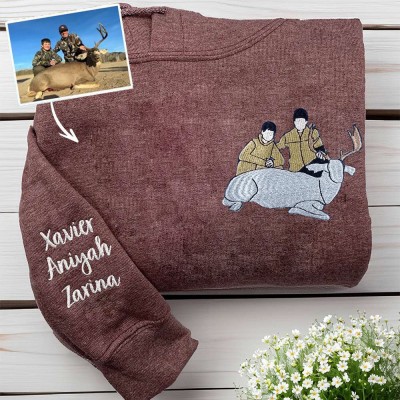 Dad Embroidered Photo Portrait Sweatshirt with Kids Names on Sleeve Custom Gift for Dad Father's Day Gift
