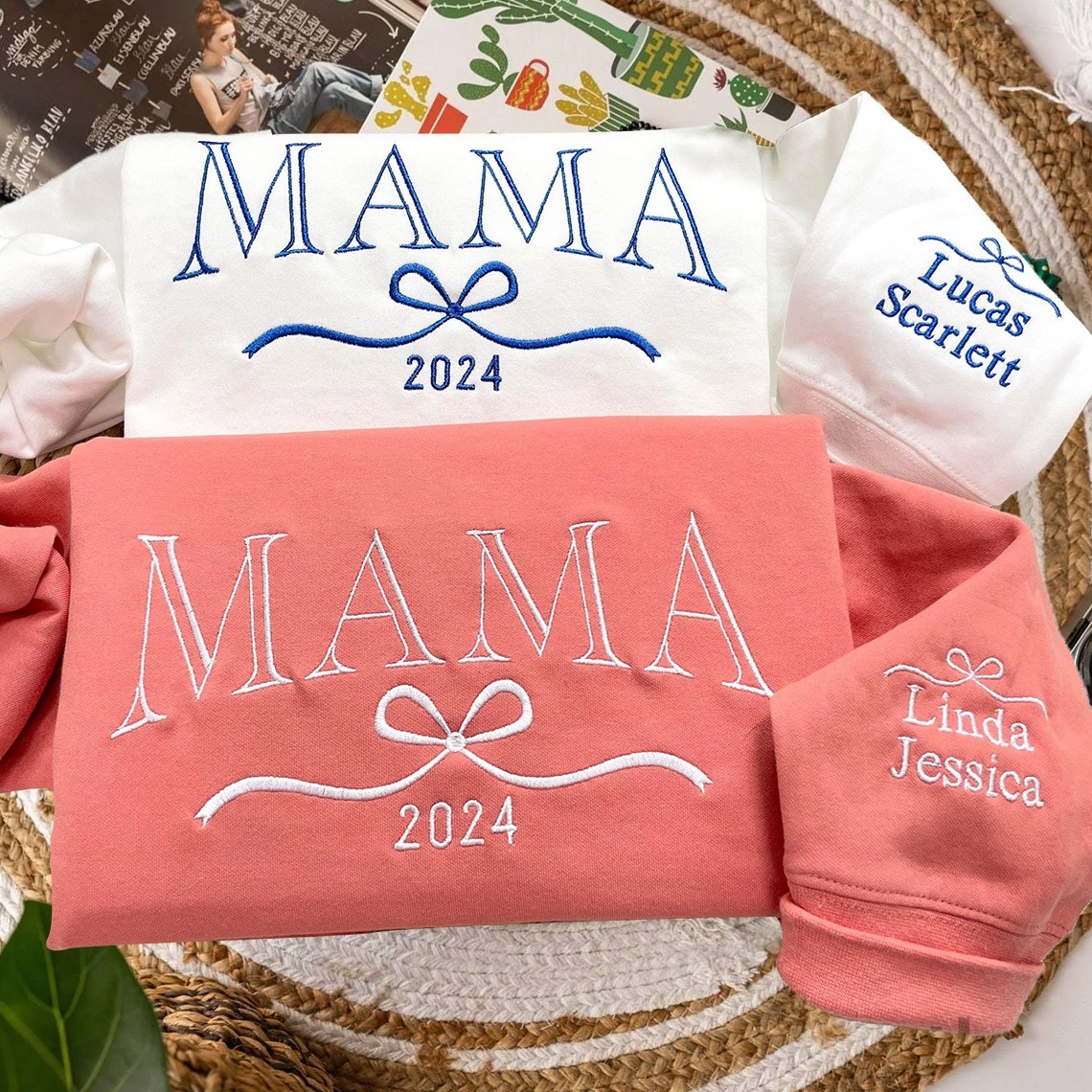 Custom Mama Embroidered Sweatshirt with Kids Names and Bow on Sleeve for Mom Grandma Mother's Day Gift Ideas
