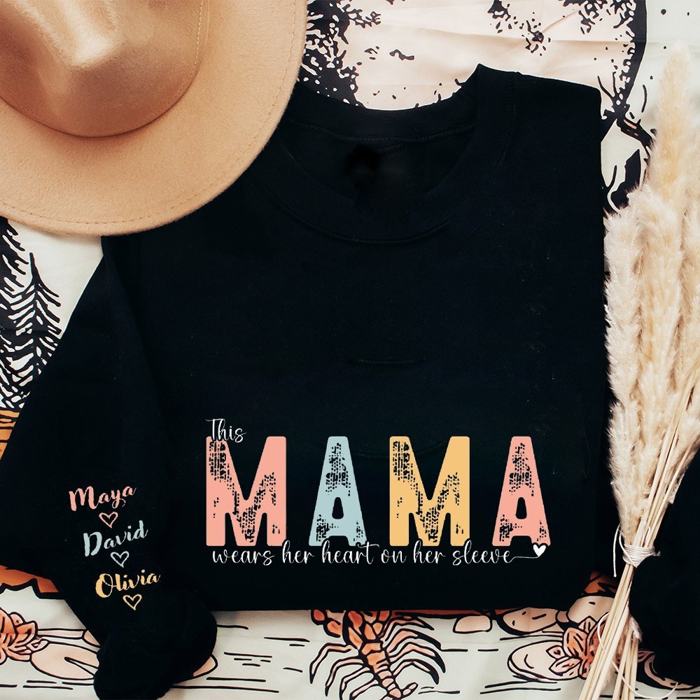 Custom This Mama Wears Her Heart on Her Sleeve Sweatshirt with Kids Names on Sleeve Gifts for Mother's Day New Mom Gift