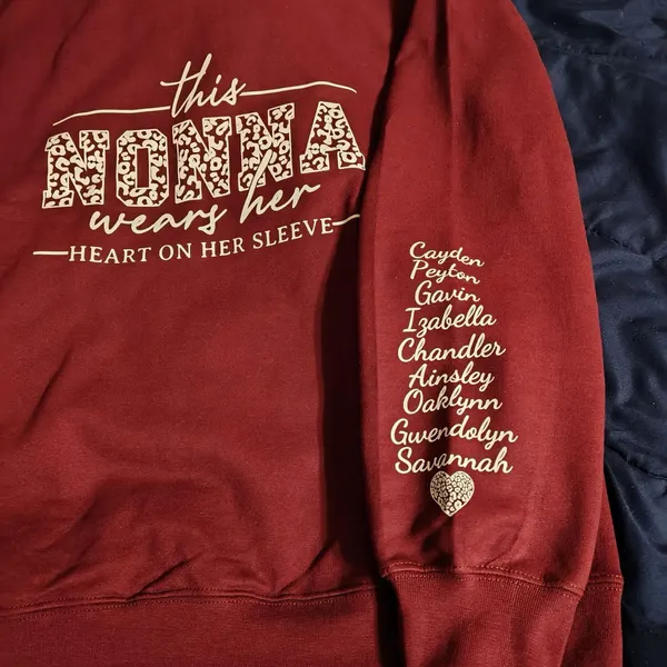 Personalized This Nonna Wears Her Heart on Her Sleeve Sweatshirt with Kids Names on Sleeve Gifts for Nonna Mother's Day Gift