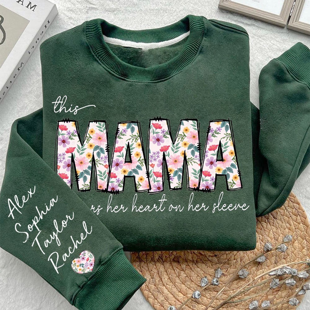 Custom This Mama Wears Her Heart on Her Sleeve Sweatshirt with Kids Names on Sleeve Gifts for Mom Mother's Day Gift Ideas
