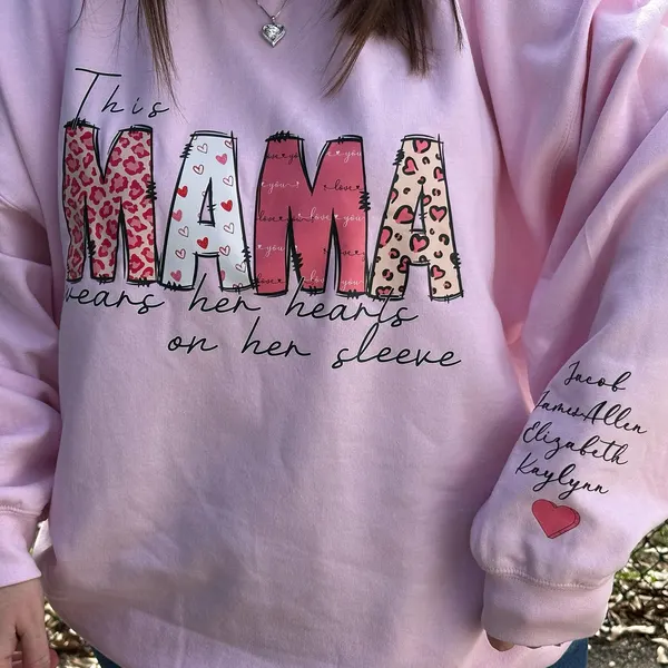 This Mama Wears Her Heart on Her Sleeve Sweatshirt with Kids Names on Sleeve Personalized Gifts for Mom Mother's Day Gift