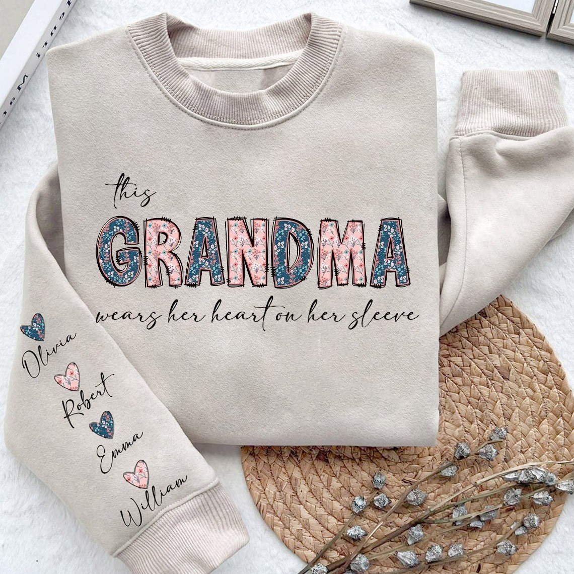 Custom This Grandma Wears Her Heart on Her Sleeve Sweatshirt with Grandkids Names on Sleeve Gifts for Grandma Mother's Day Gift