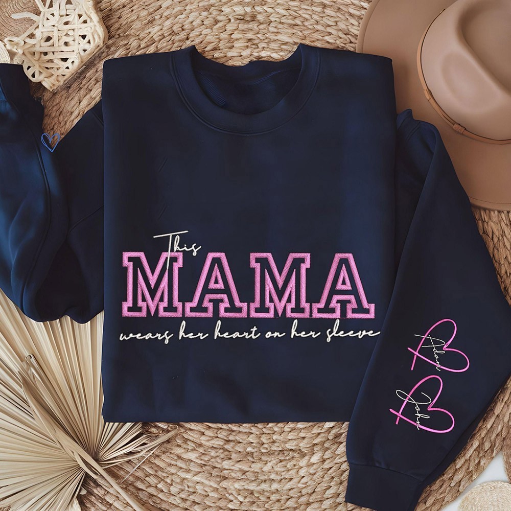 Personalized This Mama Wears Her Heart on Her Sleeve Sweatshirt with Kids Names on Sleeve Gifts for Mom Mother's Day Gift