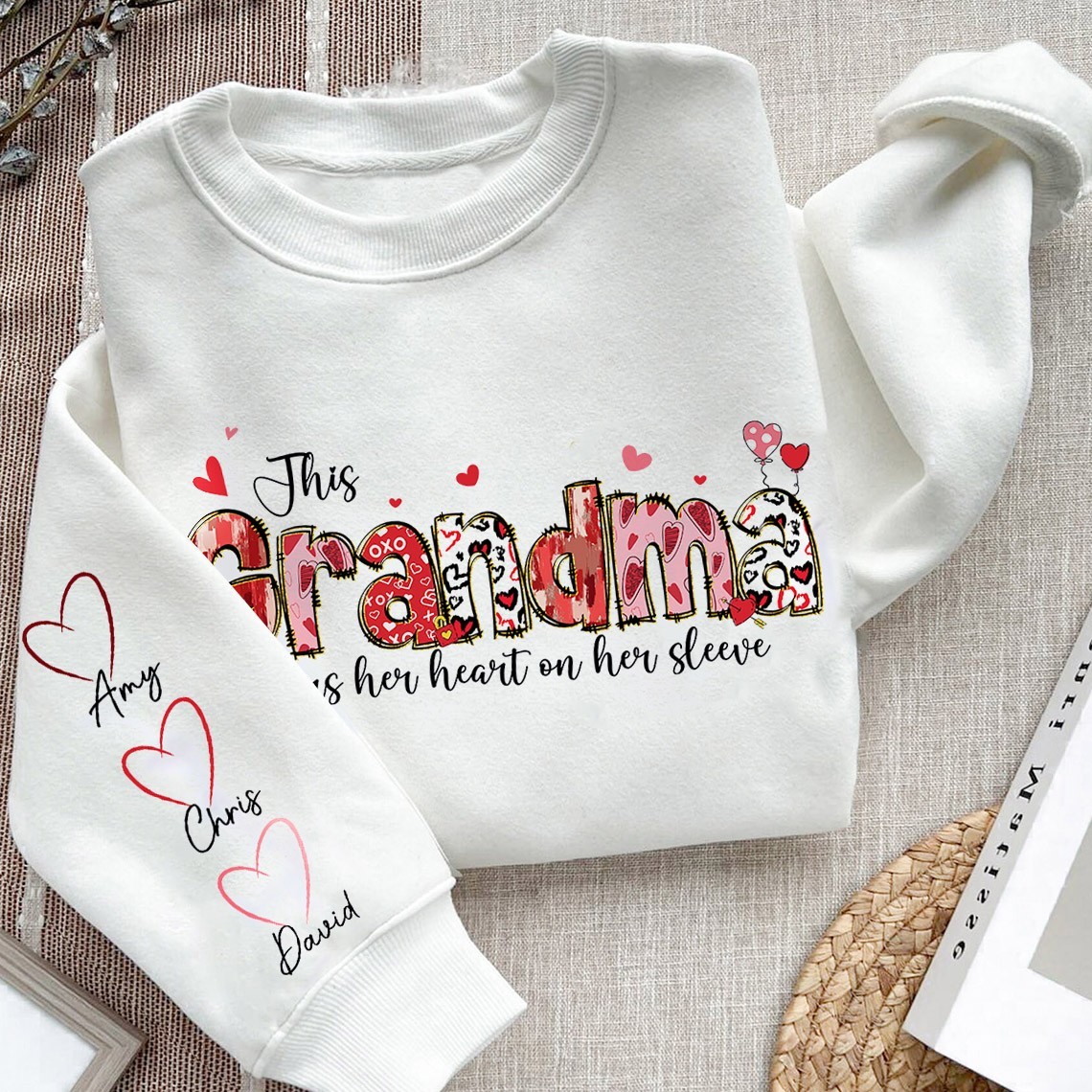 This Grandma Wears Her Heart on Her Sleeve Sweatshirt with Grandkids Names on Sleeve Custom Grandma Gifts Mother's Day Gift