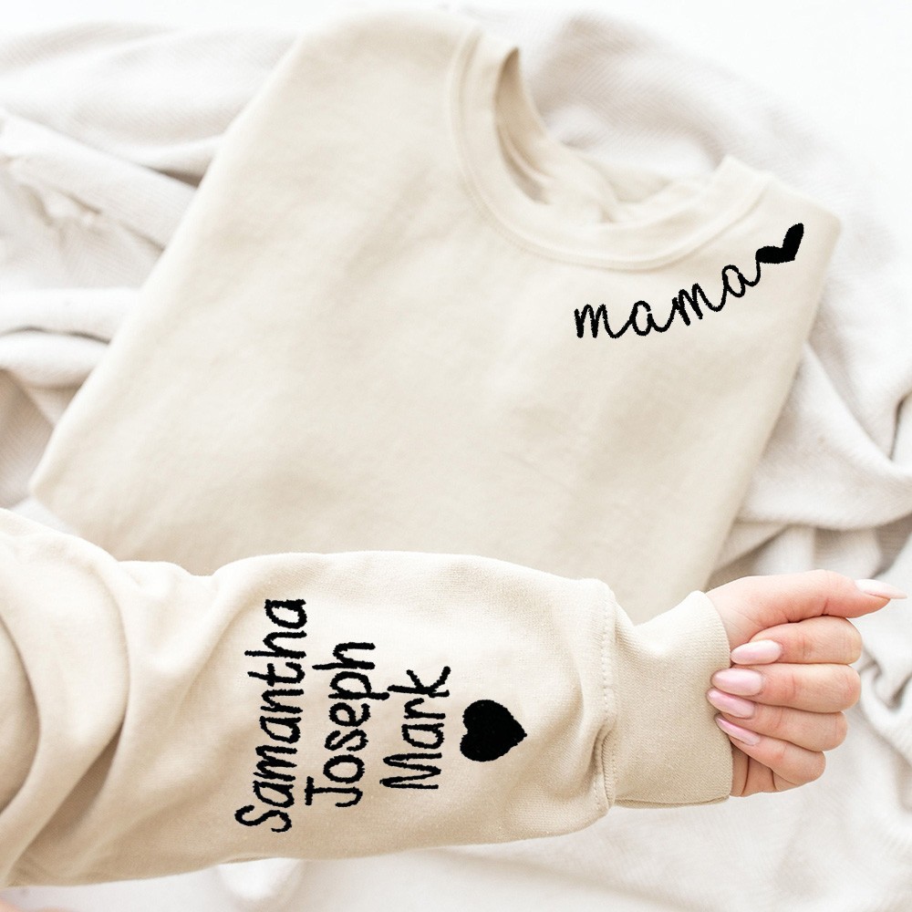 Custom Mama Neckline Embroidered Hoodie Sweatshirt With Kids Names Unique Mother's Day Gift Ideas