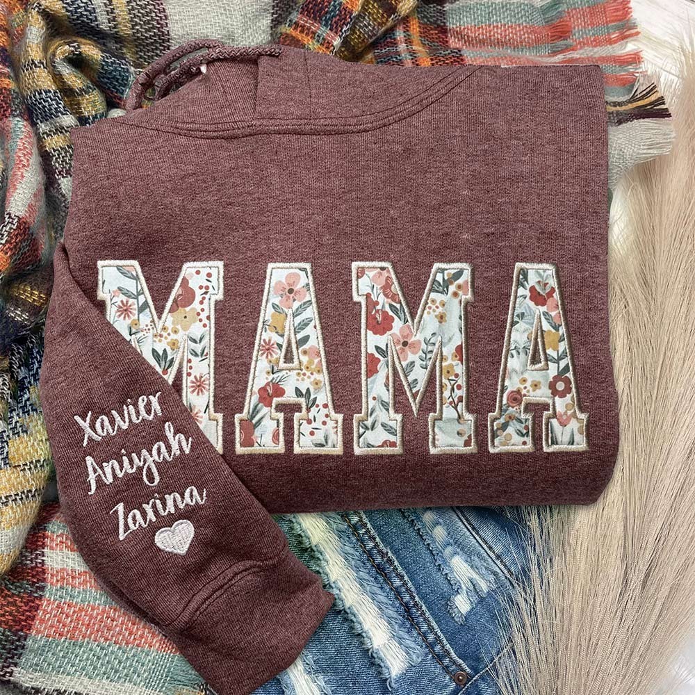 Personalized Embroidered Mama Sweatshirt Hoodie with Names on Sleeve Keepsake Gifts Unique Christmas Gift