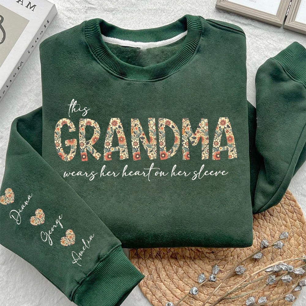 Personalized Grandma's Embroidered Sweatshirt Hoodie with Grandkids Names On The Sleeve Christmas Gifts