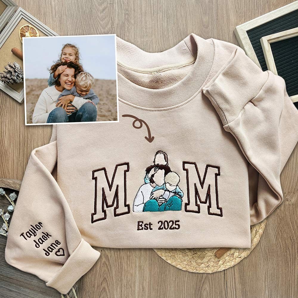 Custom Embroidered Mama Sweatshirt with Photo Portrait and Kids Names New Mom Gift Mother's Day Gift Ideas