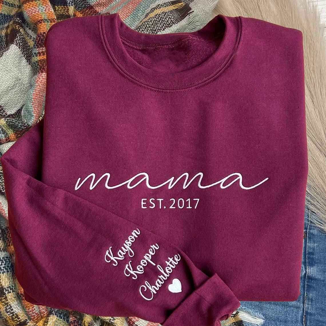 Custom Mama Embroidered Sweatshirt with Kids Names on Sleeve Unique Gifts for Grandma Mom Mother's Day Gift Ideas