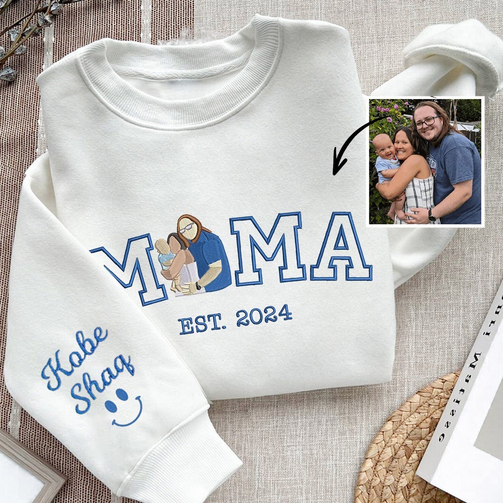 Mama Embroidered Photo Portrait Sweatshirt with Kids Names on Sleeve Custom Gifts for Mom Mother's Day Gift Ideas