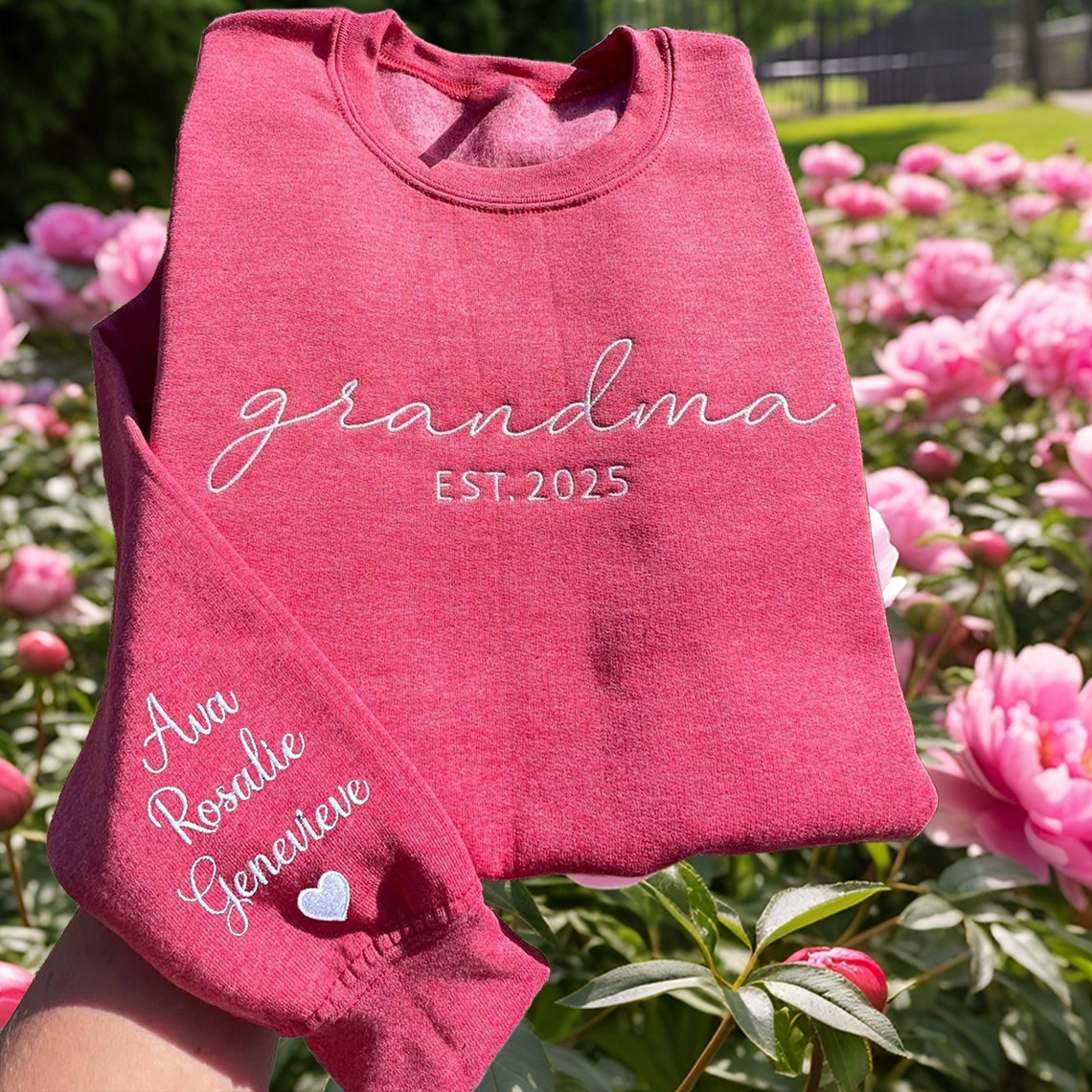 Custom Embroidered Grandma Sweatshirt with Kids Names on Sleeve Unique Gifts for Grandma Mom Mother's Day Gift