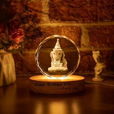 Custom Memorial Pet Photo Portrait 3D Crystal Night Light with Base Pet Birthday Gift Christmas Gifts