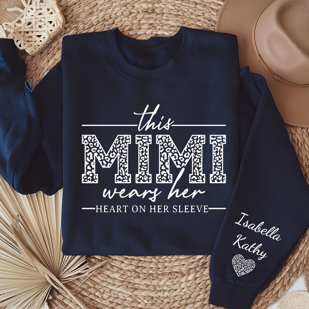 This Mimi Wears Her Heart on Her Sleeve Sweatshirt with Kids Names on Sleeve Personalized Gifts for Mimi Mother's Day Gift