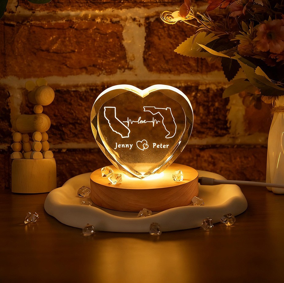 Personalized Heart 3D Crystal Night Light for Couples Long Distance Relationship Gifts Anniversary Gift Christmas Gift