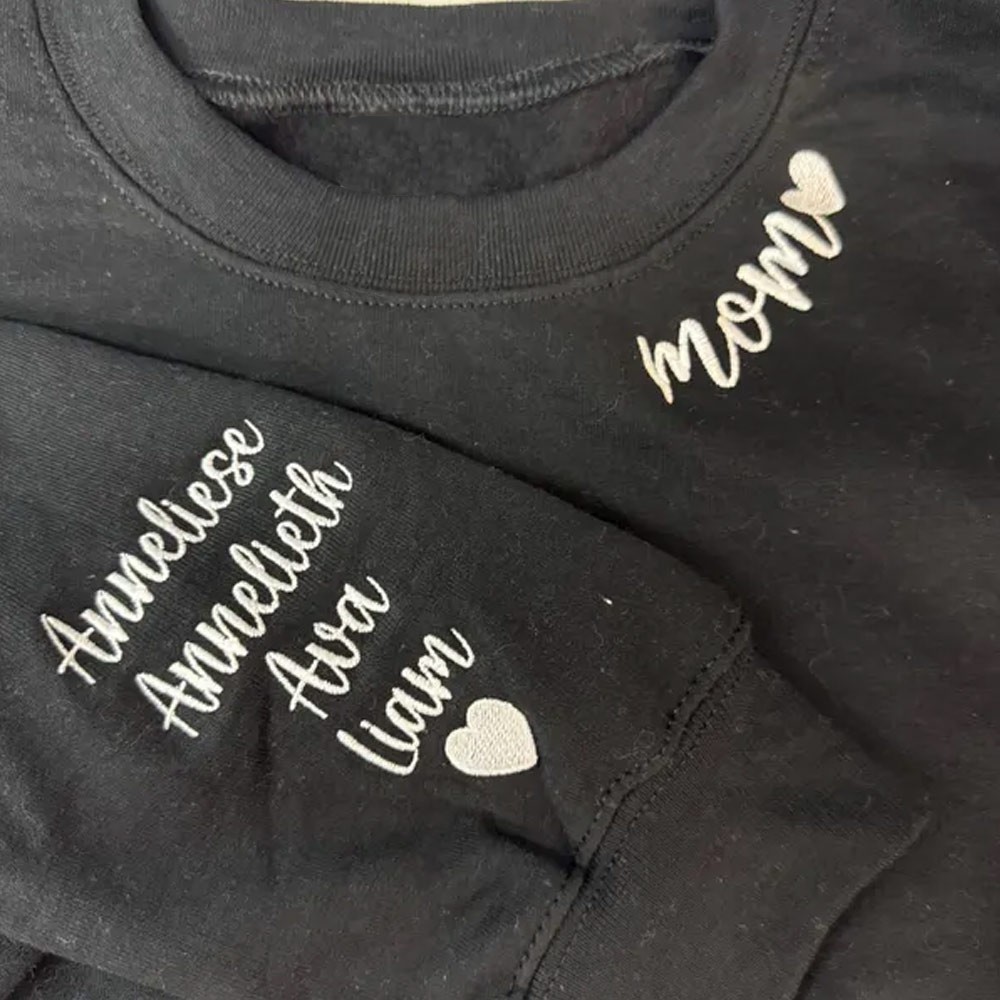 Custom Mom Embroidered Sweatshirt with Kids Names on Sleeve for Mom Grandma Unique Mother's Day Gift Ideas