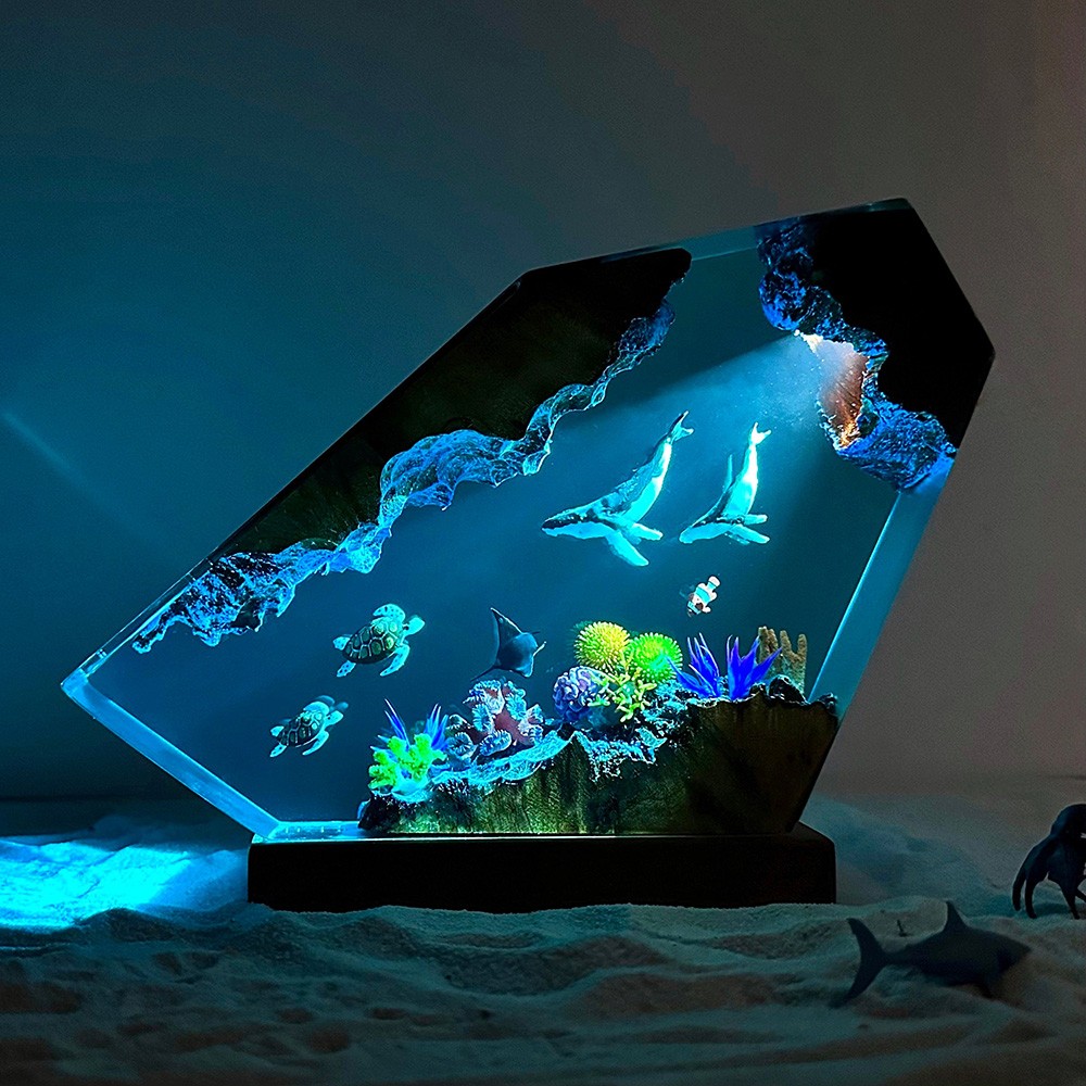 Pareja Gigante jorobada ballena y luz de resina de tortuga Night Light